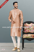 Designer Dark Peach/Cream Color Jacquard Banarasi Silk Fabric Mens Kurta Pajama PAWDAC2042