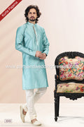 Designer Firozi Blue/Cream Color Jacquard Banarasi Silk Fabric Mens Kurta Pajama PAWDAC2043