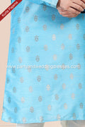 Designer Blue/Cream Color Jacquard Banarasi Silk Fabric Mens Kurta Pajama PAWDAC2045