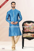 Designer Blue/Tusser Color Jacquard Banarasi Silk Fabric Mens Kurta Pajama PAWDAC2055