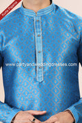 Designer Blue/Tusser Color Jacquard Banarasi Silk Fabric Mens Kurta Pajama PAWDAC2055