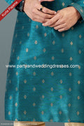 Designer Green/Tusser Color Jacquard Banarasi Silk Fabric Mens Kurta Pajama PAWDAC2056