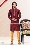 Designer Wine/Chikoo Color Jacquard Banarasi Silk Fabric Mens Kurta Pajama PAWDAC2057