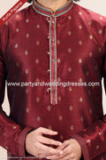 Designer Wine/Chikoo Color Jacquard Banarasi Silk Fabric Mens Kurta Pajama PAWDAC2057