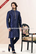 Designer Blue/Blue Color Jacquard Banarasi Silk Fabric Mens Kurta Pajama PAWDAC2059