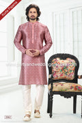 Designer Dark Pink/Cream Color Printed Banarasi Silk Fabric Mens Kurta Pajama PAWDAC2062