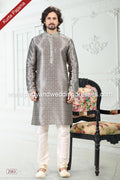 Designer Gray/Cream Color Printed Banarasi Silk Fabric Mens Kurta Pajama PAWDAC2063