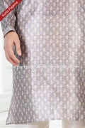 Designer Gray/Cream Color Printed Banarasi Silk Fabric Mens Kurta Pajama PAWDAC2066