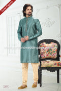Designer Teal Green/Tusser Color Printed Banarasi Silk Fabric Mens Kurta Pajama PAWDAC2071