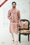 Designer Peach/Cream Color Printed Banarasi Silk Fabric Mens Kurta Pajama PAWDAC2073