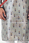 Designer Pista Green/Cream Color Printed Banarasi Silk Fabric Mens Kurta Pajama PAWDAC2074
