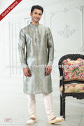 Designer Cream-Teal Green/Cream Color Printed Banarasi Silk Fabric Mens Kurta Pajama PAWDAC2077