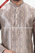 Designer Cream-Gray/Cream Color Printed Banarasi Silk Fabric Mens Kurta Pajama PAWDAC2078