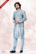 Designer Sky Blue/Sky Blue Color Jacquard Banarasi Silk Fabric Mens Kurta Pajama PAWDAC2081
