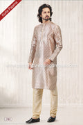 Designer Beige/Beige Color Jacquard Banarasi Silk Fabric Mens Kurta Pajama PAWDAC2082