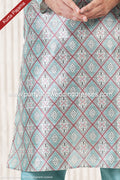 Designer Cream/Firozi Blue Color Jacquard Banarasi Silk Fabric Mens Kurta Pajama PAWDAC2084