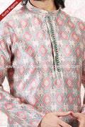 Designer Cream/Green Color Jacquard Banarasi Silk Fabric Mens Kurta Pajama PAWDAC2085