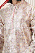 Designer Cream/Peach Color Jacquard Banarasi Silk Fabric Mens Kurta Pajama PAWDAC2086