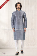 Designer Dark Gray/Off-white Color Jacquard Banarasi Silk Fabric Mens Kurta Pajama PAWDAC2096