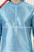 Designer Blue/Off-white Color Jacquard Banarasi Silk Fabric Mens Kurta Pajama PAWDAC2098