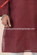 Designer Wine/Off-white Color Linen Cotton Fabric Mens Kurta Pajama PAWDAC2103