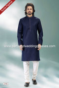 Designer Navy Blue/Off-white Color Linen Cotton Fabric Mens Kurta Pajama PAWDAC2115