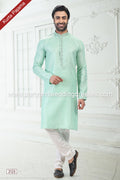 Designer Pista Green/Off-white Color Linen Cotton Fabric Mens Kurta Pajama PAWDAC2123