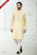 Designer Yellow/Off-white Color Linen Cotton Fabric Mens Kurta Pajama PAWDAC2127