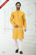 Designer Yellow/Off-white Color Linen Cotton Fabric Mens Kurta Pajama PAWDAC2133