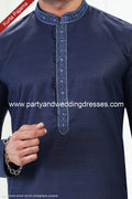 Designer Blue/Off-white Color Linen Cotton Fabric Mens Kurta Pajama PAWDAC2134