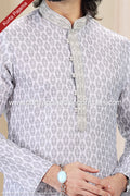 Designer Gray/Off-white Color Linen Cotton Fabric Mens Kurta Pajama PAWDAC2143