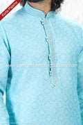 Designer Teal Green/Off-white Color Linen Cotton Fabric Mens Kurta Pajama PAWDAC2148