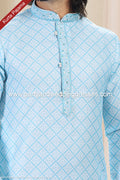 Designer Blue/Off-white Color Linen Cotton Fabric Mens Kurta Pajama PAWDAC2153
