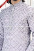Designer Gray/Off-white Color Linen Cotton Fabric Mens Kurta Pajama PAWDAC2154