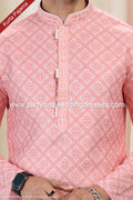 Designer Orange/Off-white Color Linen Cotton Fabric Mens Kurta Pajama PAWDAC2157