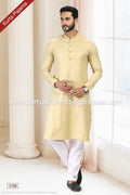 Designer Yellow/Off-white Color Fancy Silk Fabric Mens Kurta Pajama PAWDAC2168